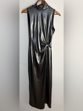 Metallic Silver Maxi Dress Knot Front Mock Neck Sleeveless Harper Rose Size 4